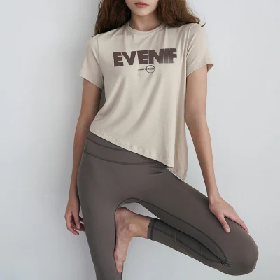 Camiseta de manga corta con estampado dividido para mujer, top deportivo, estilo europeo y americano, nuevo diseño, verano, yoga